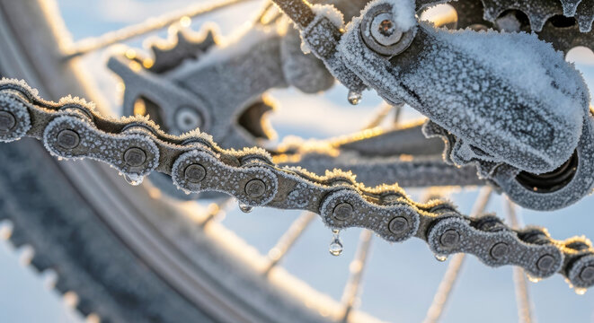 Close-up of icy bicycle chain outdoors in winter morning light