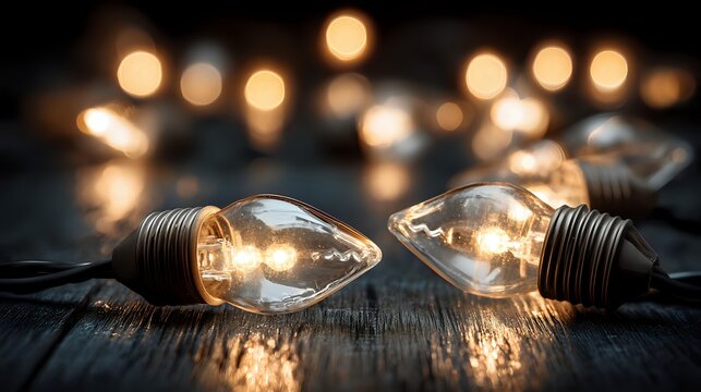 Vintage light bulbs with warm glowing filaments on rustic wooden surface, creating cozy atmosphere with bokeh lights in background. - Powered by Adobe