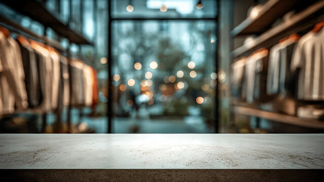 Premier plan avec planche bois et arri&egrave;re plan avec boutique, magasin de v&ecirc;tement, centre commercial