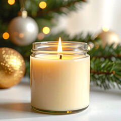 A lit candle in a glass jar sits on a table. The background features a Christmas tree with golden ornaments and soft glowing lights. The scene evokes a festive atmosphere.