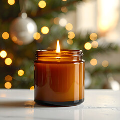 A lit amber glass candle sits on a table. In the background, a Christmas tree is adorned with lights and ornaments, creating a warm holiday atmosphere.