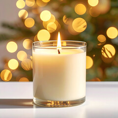 A lit white candle in a glass holder with a warm glow. Soft bokeh lights in the background suggest a festive atmosphere, ideal for New Year and Christmas celebrations.