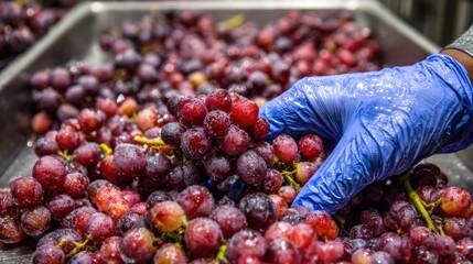 Hand Sorting Ripe Grapes on Stainless Steel Table During High-Quality Wine Production Process