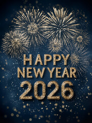 Happy New Year 2026 with Gold Fireworks and Star Confetti on Midnight Blue