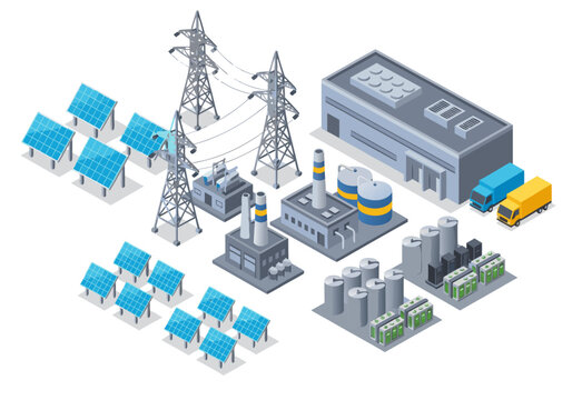 Isometric concept of a modern industrial energy complex featuring a solar farm, power plant, battery storage, and electricity grid elements