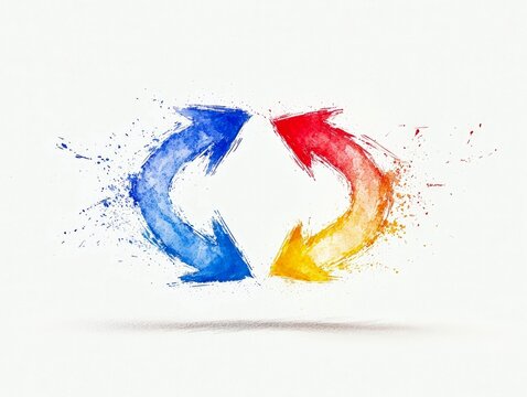 A blue arrow and a red and yellow arrow form a circular motion, symbolizing a cycle or exchange.