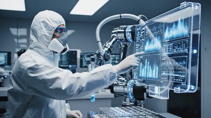 Scientist in protective suit working with modern technology equipment in laboratory setting - Powered by Adobe