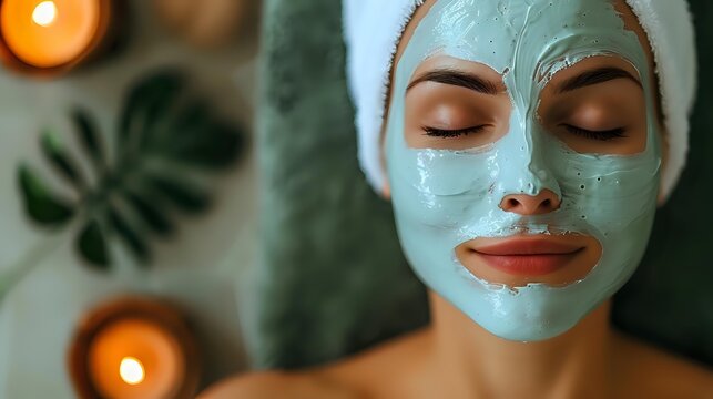 Young woman with closed eyes relaxing during spa treatment with mint green clay facial mask on skin in tranquil wellness setting with candles.