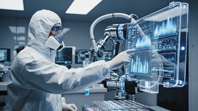 Scientist in protective suit working with modern technology equipment in laboratory setting
