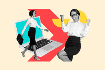 Creative collage poster of two business people with laptop winning on pastel background