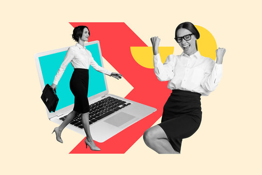 Fototapeta Creative collage poster of two business people with laptop winning on pastel background