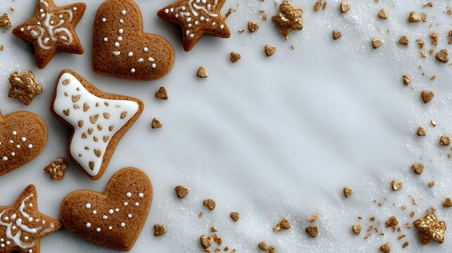 Homemade gingerbread cookies with white icing decoration in heart and star shapes on marble background with cookie crumbs.