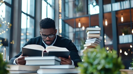 Young African American male student studying with stack of books in modern library with large windows and ambient lighting.