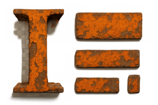 Letter i and horizontal bars displaying heavy rust texture, industrial grunge concept with weathered metal elements