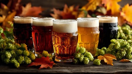 Assortment of craft beer glasses with varying colors from light to dark, surrounded by fresh hops and autumn leaves on rustic wooden table.
