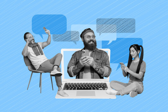 Trend artwork composite 3D photo collage design of business office manager meeting two man one lady smile hold phone laptop message cloud