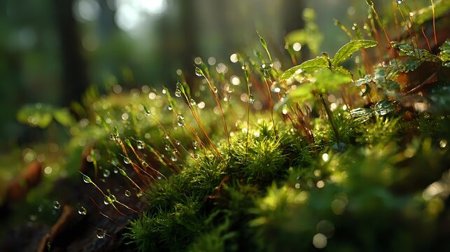 Macro shot of dewy moss with glistening water droplets in forest floor, sunlight creating bokeh effect through tiny stalks in natural woodland setting.