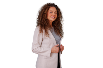 Confident businesswoman smiling, posing, wearing a blazer, displaying professionalism and determination on a transparent background