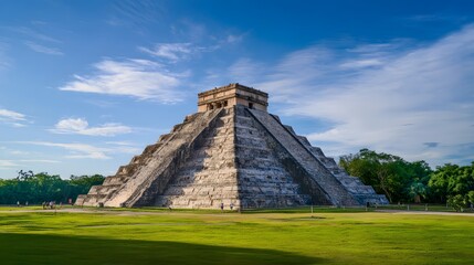 Majestic Chichen Itza pyramid bathed in soft morning light a historic Mexican landscape vista