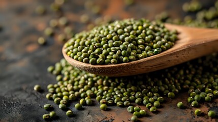 Green mung beans in wooden spoon on dark textured background, raw organic legumes for healthy cooking and plant-based protein source.