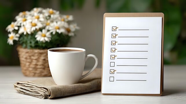 White coffee cup on burlap napkin with checklist and wicker basket of daisies, creating cozy planning atmosphere for productivity and organization. - Powered by Adobe