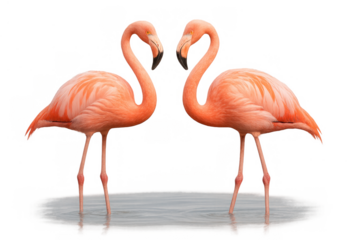 Two graceful flamingos forming a heart with their long necks, reflecting love and connection, standing in calm water. Transparent background
