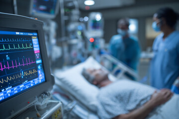 A patient lies in a hospital bed surrounded by medical equipment. Heart monitor displays vital signs while healthcare professionals assist the patient. The environment is calm and clinica