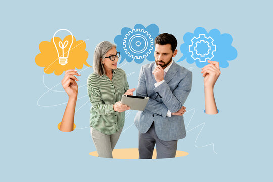 Banner trend sketch template collage of two happy woman man business colleagues speak together light bulb gearwheel deal progress