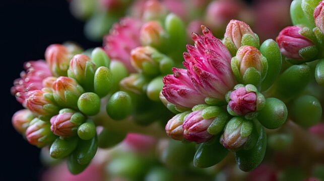 Vibrant pink flower buds emerging from succulent green clusters against dark background, showcasing nature's intricate botanical details. - Powered by Adobe