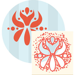 Abstract Red Floral Emblem Design with Circular and Speckled Backgrounds Representing Symmetry and Artistic Pattern