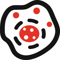 Abstract representation of a cell with nucleus and organelles in red and black on a transparent background