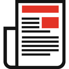 Abstract representation of a folded newspaper or document with red and black text blocks on a transparent background symbolizing information or news