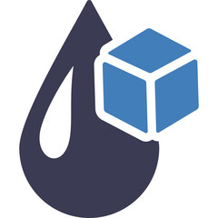 Abstract representation of a blue cube on a dark blue teardrop shape against a transparent background, symbolizing abstract concepts or data