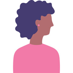 Abstract profile portrait of a woman with purple hair and pink shirt against a transparent background
