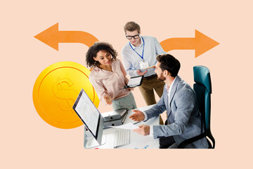 Trend sketch 3d photo collage of happy business partners sit workplace dollar coin capital income arrow development sit pc monitor