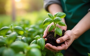 Gardener's hands nurturing young basil plants, organic farming, growth, green, agriculture, sustainability, gardening, care. High quality