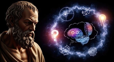 Wise elder pondering cosmic truths, exploring deep existence, cultivating critical thinking, generating brilliant ideas and conceptual understanding.