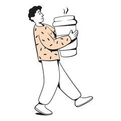 Smiling man walking and holding a giant takeaway coffee cup, minimal flat graphic style, white background. Concept of coffee addiction. Vector illustration