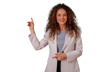 Businesswoman with curly hair smiling, pointing up and right, presenting information or an idea on transparent background