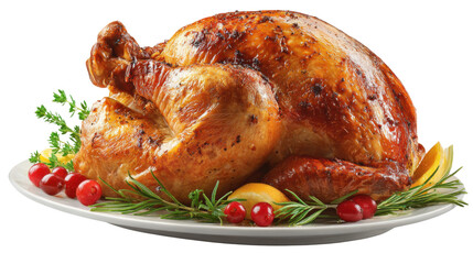 whole roasted chicken on white background 