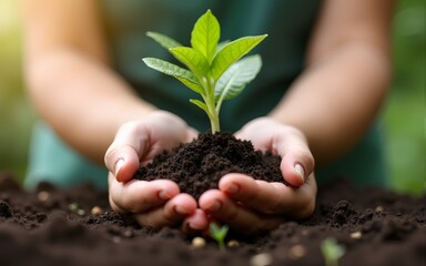 Hands holding young plants in community gardening project, promoting teamwork and growth. High quality