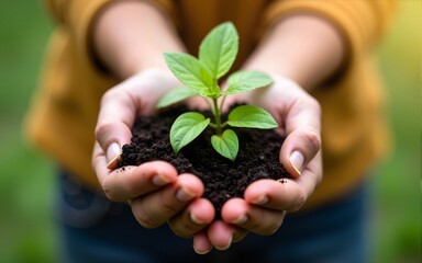 Hands holding young plants in community gardening project, promoting teamwork and growth. High quality