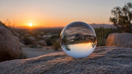 Lens ball sunset view in desert landscape.
