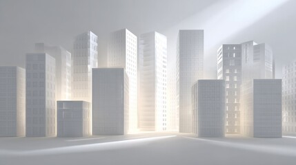 Minimal cityscape of white buildings with light, symbolizing urban design and development.