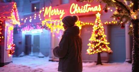 Obraz premium Person views festive holiday lights. Snowy scene evokes winter warmth, joy, celebration. Bright colors illuminate building facade.