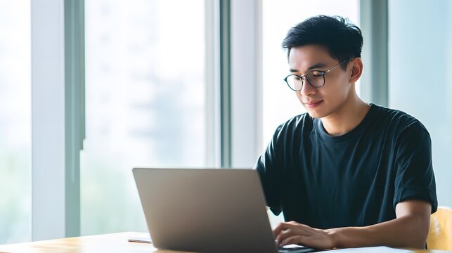 Focused young man works calmly at a modern desk bathed in soft morning light lifestyle stock photo