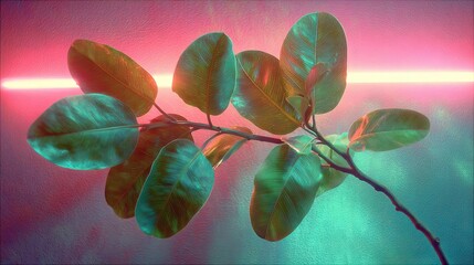 Minimal ficus leaf branch with vintage grain texture, neon retro background.