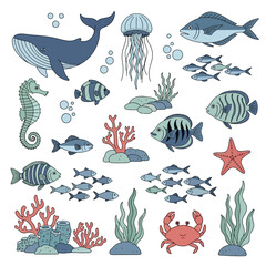 Naklejka premium Colorful underwater sea life illustration with various marine animals.