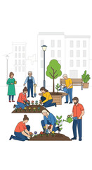 Community garden with people planting flowers and vegetables.