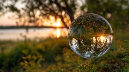 
Nature view through a glass ball at summer sunset, reflections captured.